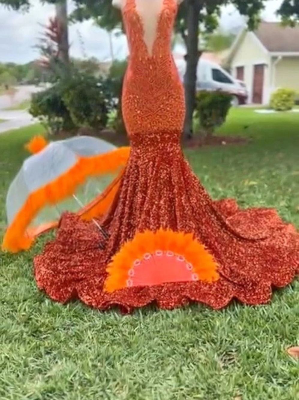 Beaded Mermaid Prom Dress in Orange Like New